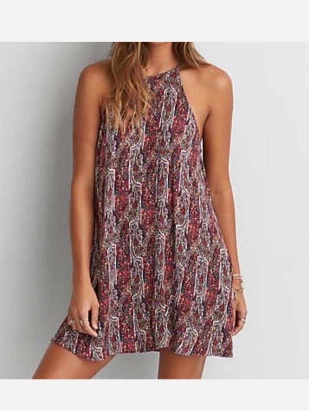 American Eagle Paisley Swing Dress Red Boho Halter ** Medium  ** EUC!!